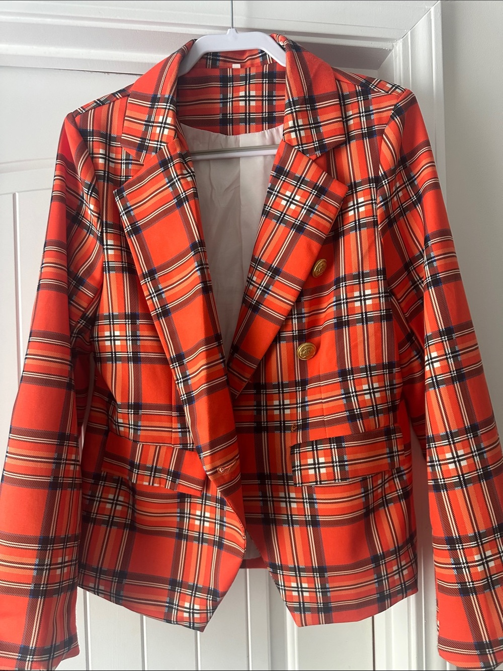 Women's Orange Plaid Double-Breasted Blazer Jacket